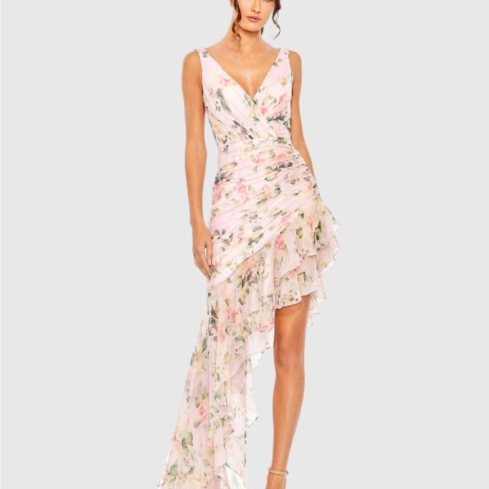 Mac Duggal Rose Floral Asymmetrical Ruffled Gown
